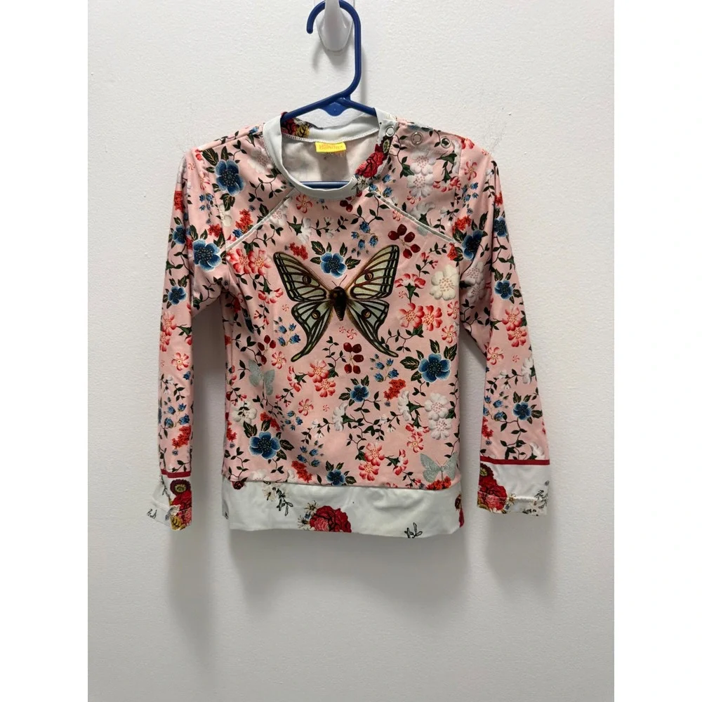 Agua Bendita Kids Pink Floral Butterfly Rash Guard Long Sleeve Swim Top Size 4
